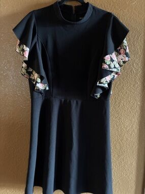 Nina Leonard Black Mini Dress with Floral-Trim Ruffles